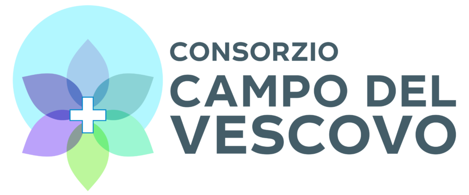 Logo ufficiale del Consorzio Campo del Vescovo composto da un cerchio color celeste, in sovraimpressione una corona di petali colorati ed una croce bianca al centro dei petali, con a destra la scritta "Consorzio Campo Del Vescovo"